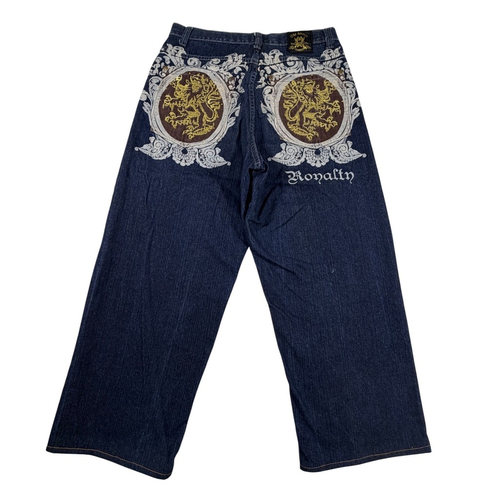 Old Skool Royalty Baggy Jeans Mens 34 Indigo Blue Gold Lion Embroidered Wide Leg